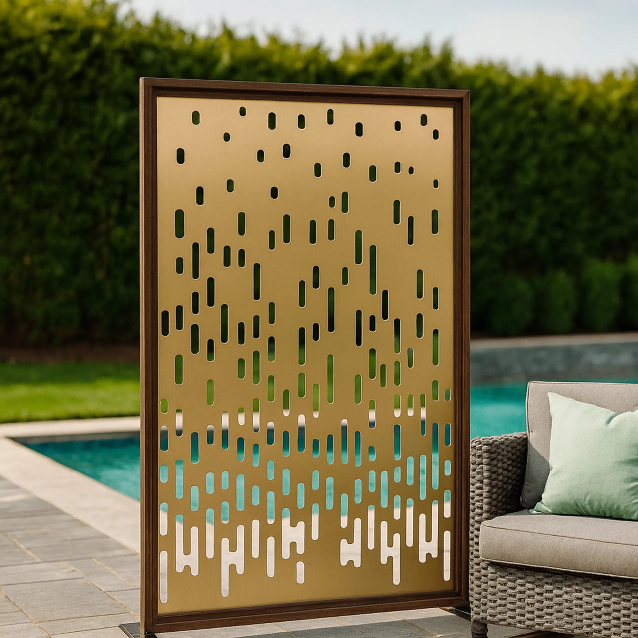 Decorative screen with geometric pattern in front of a poolside area